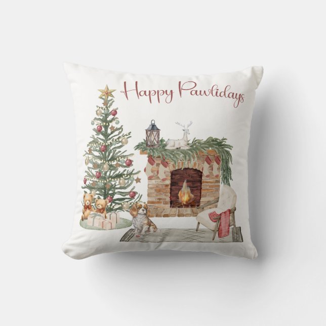 Coussin Happy Pawlidays Chien Design - King Charles Spanie (Recto)