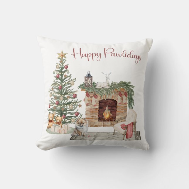Coussin Happy Pawlidays Chien Design- Poméranien (Recto)