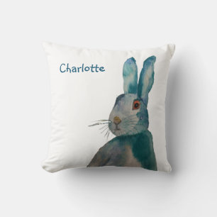 Coussin Hare Rabbit Aquarelle Bleu Personnalisé