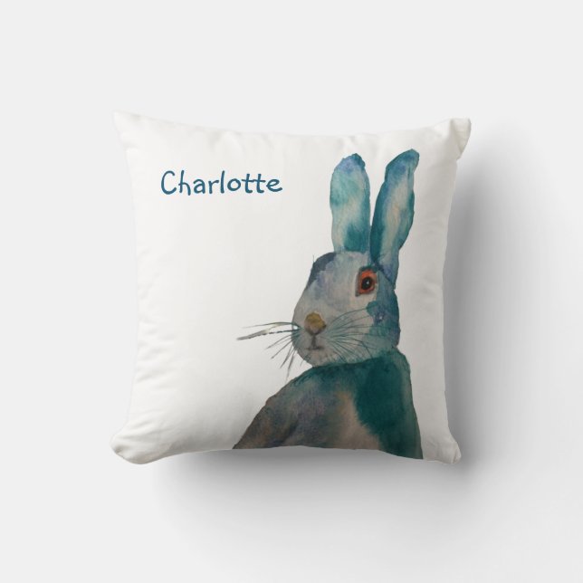 Coussin Hare Rabbit Aquarelle Bleu Personnalisé (Recto)