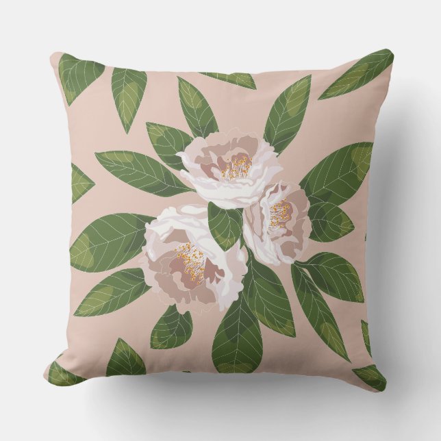 Coussin Harmonie du jardin de crème : Camellias et verdure (Recto)