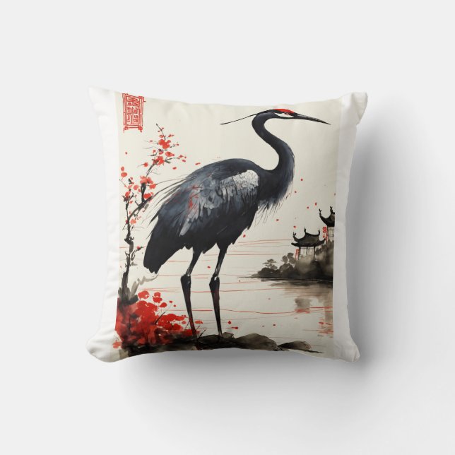 Coussin Harmonie élégante : Noir et Rouge une grue chinois (Recto)
