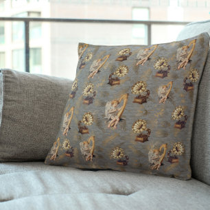 Coussin Harpe vintage et Gramophone sur gris acier