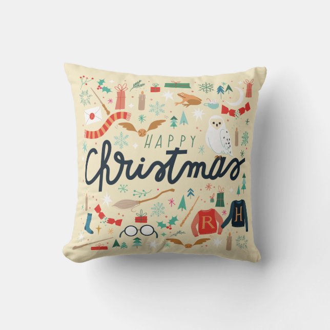 Coussin Harry Potter | Joyeux Noël avec des icônes festive (Recto)