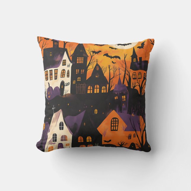 Coussin Hauné Village Éffrayant violet orange Halloween (Recto)