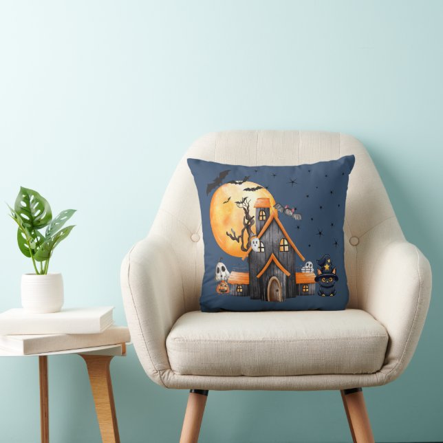 Coussin Hauned House Ghosts Pleine lune Bleu foncé Hallowe (Chaise)