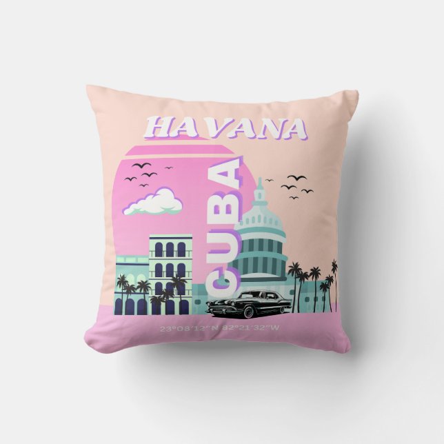 Coussin Havana Cuba Pink Travel Art (Recto)