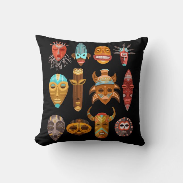 Coussin Hawaïen Tiki Masques Totems Hawaii (Recto)