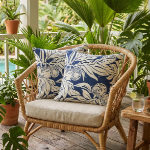 Coussin Hawaiian Tropical breadfruit ulu en indigo