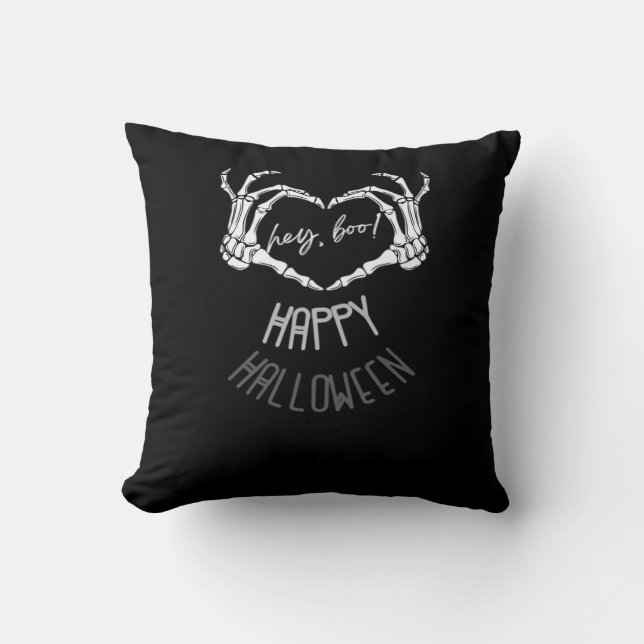 Coussin Hé, Boo ! Happy Halloween Skeleton Hand Heart Clas (Recto)