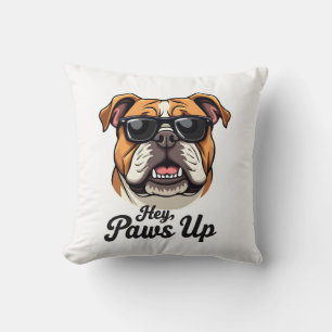 Coussin Hé Paws Up Bulldog Vintage avec Lunettes de Soleil