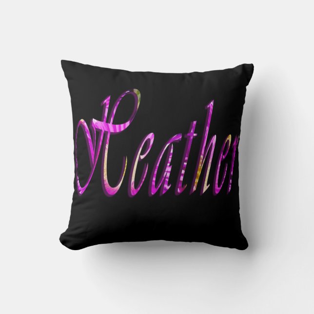 Coussin Heather, Girls Name Logo, Black Throw Cushion. (Recto)