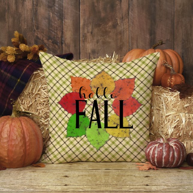 Coussin Hello Fall Leaves Nom de famille Green Plaid Tarta (Créateur téléchargé)