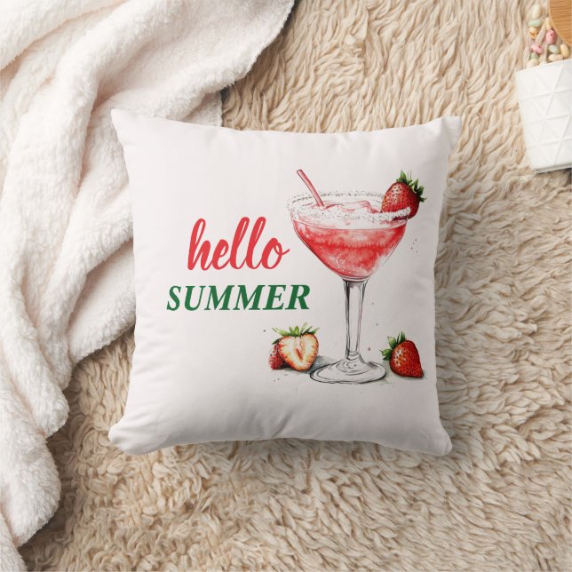 Coussin Hello Summer Watercolor Strawberry Cocktail Pillow (Couverture)