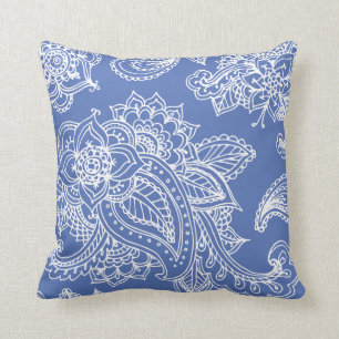 Coussin Henné de Paisley Bleu Illustré Bohémien