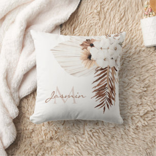 Coussin Herbe de Pampas Marron Rustique Orchidées Blanches