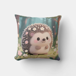 Coussin Hérisson Adorable avec Fleurs Forêt Kawaii