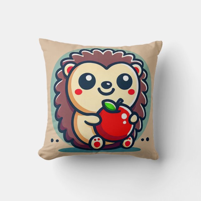 Coussin Hérisson de dessin animé adorable tenant une pomme (Recto)