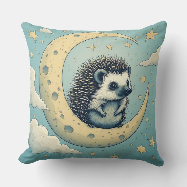 Coussin Hérisson Mignon Assis sur un Croissant de Lune (Recto)
