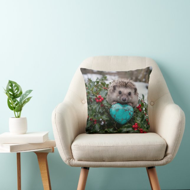 Coussin Hérisson mignon de décembre avec cœur turquoise (Chaise)