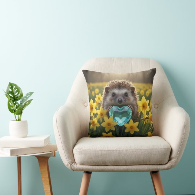 Coussin Hérisson mignon de mars avec cœur d'aigue-marine (Chaise)