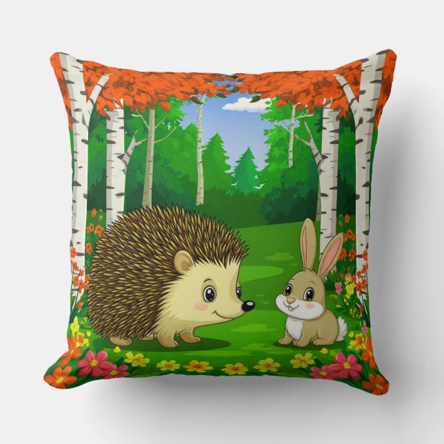 Coussin Hérisson mignon et lapin dans une forêt lumineuse (Recto)