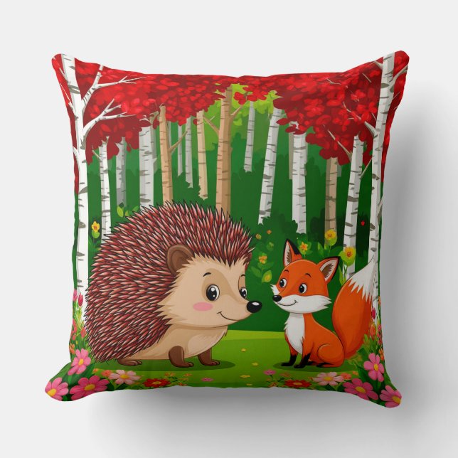 Coussin Hérisson mignon et renard dans une forêt lumineuse (Recto)