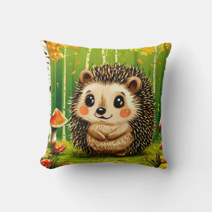 Coussin Hérisson mignon sur fond de forêt verte