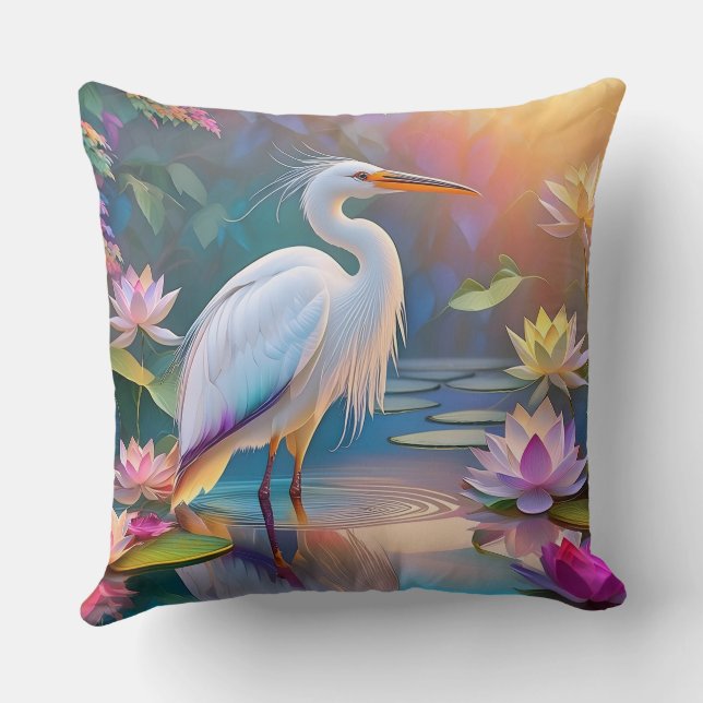 Coussin Héron blanc à bec orange, oiseau de fantaisie (Verso)