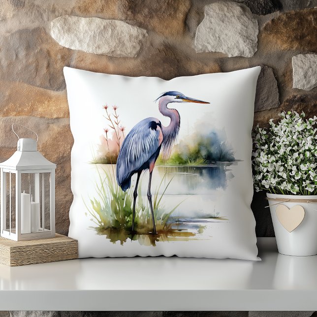 Coussin Héron bleu pastel aquarelle Louisiane State (Créateur téléchargé)