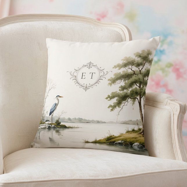 Coussin Heron Lake Toile French Country Wedding Monogram (Créateur téléchargé)