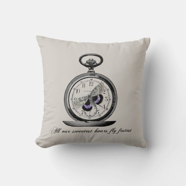 Coussin Heures volent vite, montre de poche et papillon (Recto)