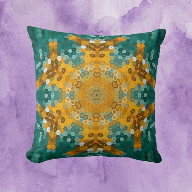 Coussin Hex Mandala bleu et jaune (Créateur téléchargé)