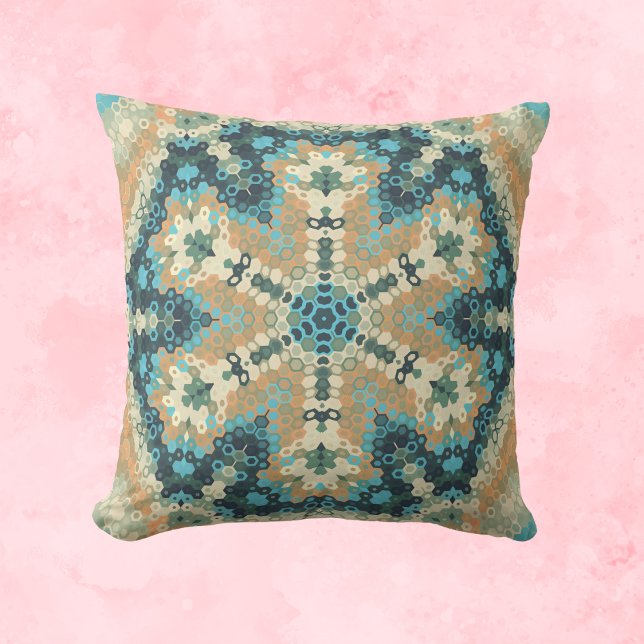 Coussin Hex Mandala bleu et orange (Blue and Orange Hexagon Mandala Throw Pillow by Wormhole Orbital)
