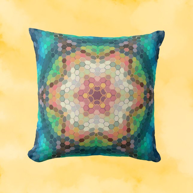 Coussin Hex Mandala bleu vert et rose (Créateur téléchargé)