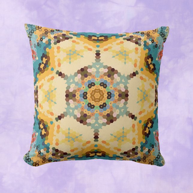 Coussin Hex Mandala jaune et bleu (Créateur téléchargé)