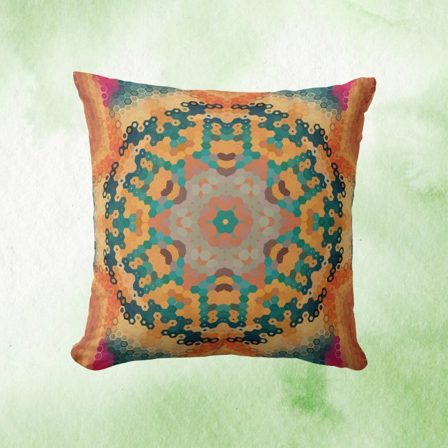 Coussin Hex Mandala orange et bleu (Orange and Blue Hexagon Mandala Throw Pillow by Wormhole Orbital)