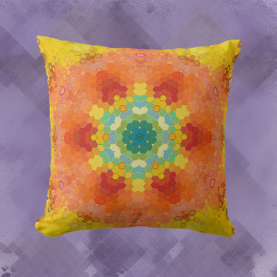Coussin Hex Mandala orange jaune rouge et bleu