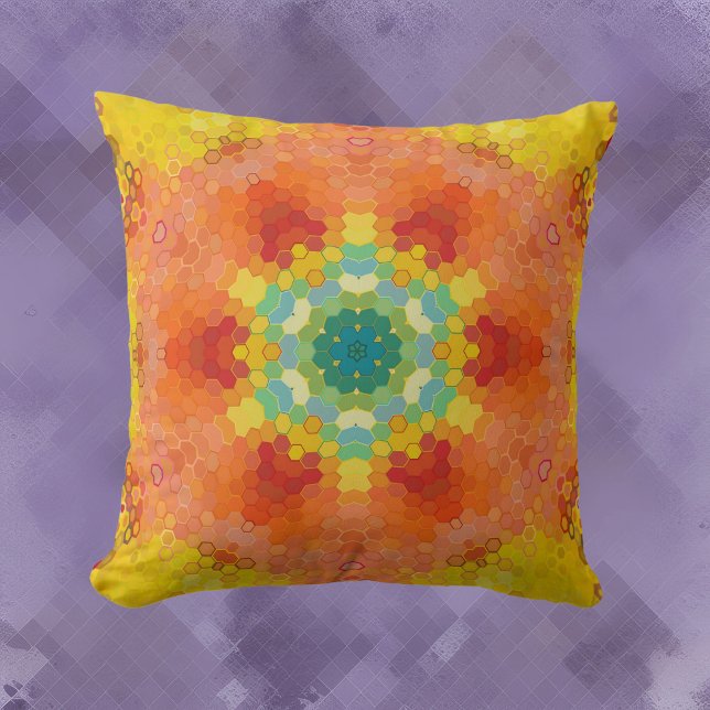Coussin Hex Mandala orange jaune rouge et bleu (Créateur téléchargé)