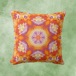 Coussin Hex Mandala orange violet blanc