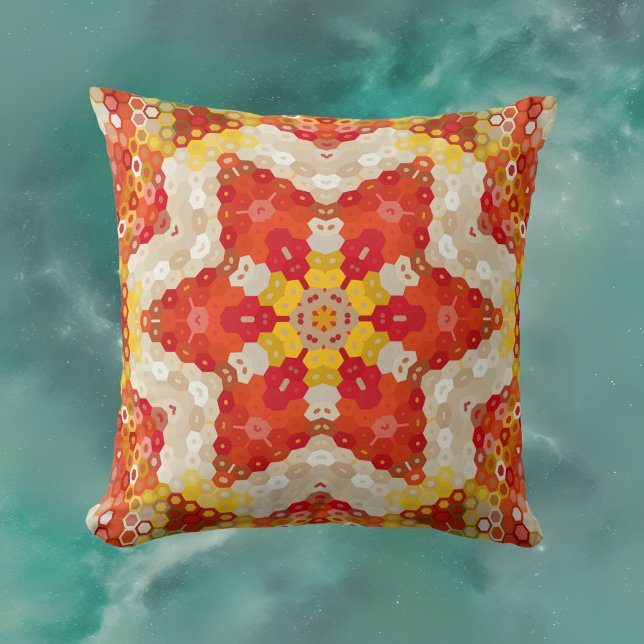 Coussin Hex Mandala rouge et jaune (Créateur téléchargé)