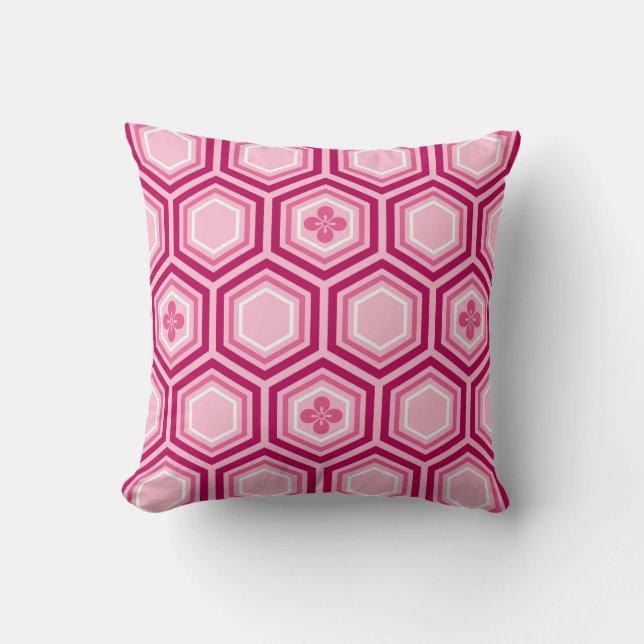 Coussin Hexagonal Kimono Imprimer, Bourgogne et rose (Recto)