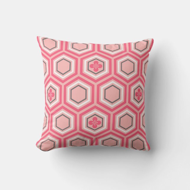 Coussin Hexagonal Kimono Print, Coral rose et blanc (Recto)