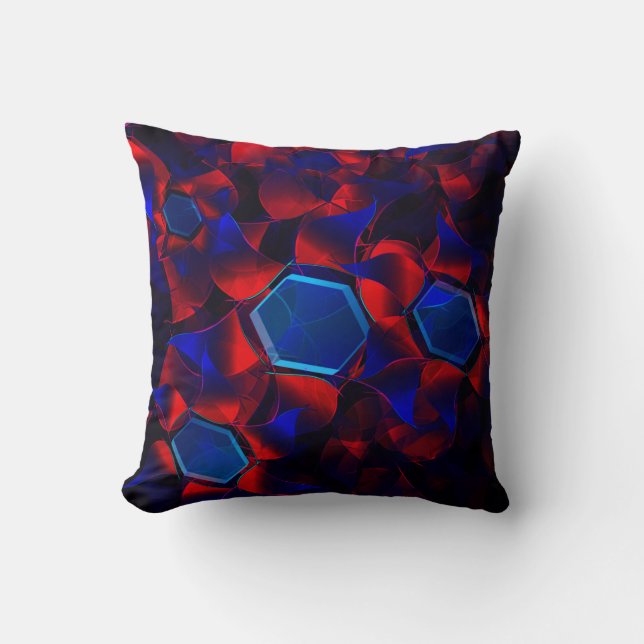 Coussin hexagone bleu mélangé avec des courbes rouges qui  (Recto)