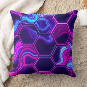 Coussin Hexagone Néon Rose Marbre Violet Motif Abstrait