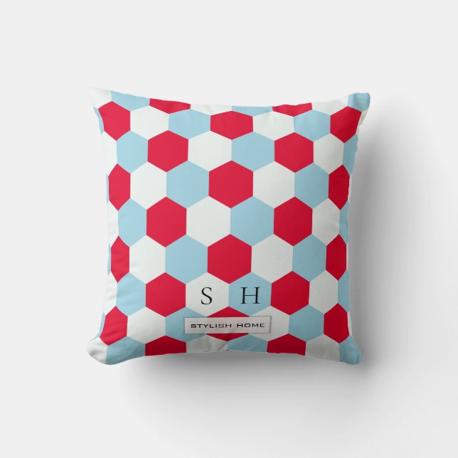 Coussin Hexagones rouges, blancs et bleus Monogrammes (Recto)