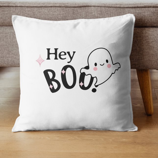Coussin Hey Boo Black et rose Funny Halloween Ghost (Créateur téléchargé)