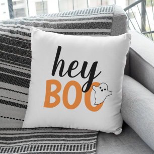 Coussin Hey Boo Orange White Funny Halloween Ghost