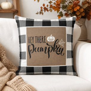 Coussin Hey There Citrouille Burlap Buffalo Plaid Hallowee