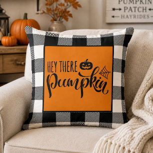 Coussin Hey There Pumpkin Halloween Buffalo Plaid
